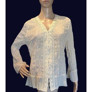 Araz Vintage Ivory‎ Sheer Lace Eyelet Blouse Bell Sleeves, Feminine Women Size M
